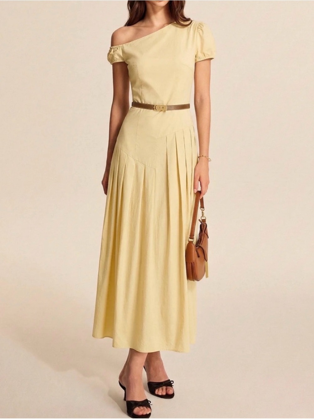 Commense One-Shoulder Pale Yellow Maxi Dress